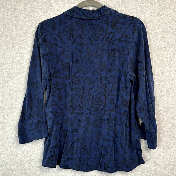 Tianello Steve Barraza Button Down Blouse Womens Size S Floral Blue Black Tencel - Picture 2 of 12